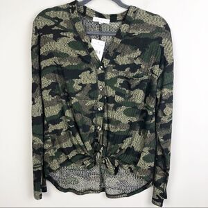 SOCIALITE | Nordstrom Camouflage Waffle Knit Long Sleeve Shirt Tie Front Medium